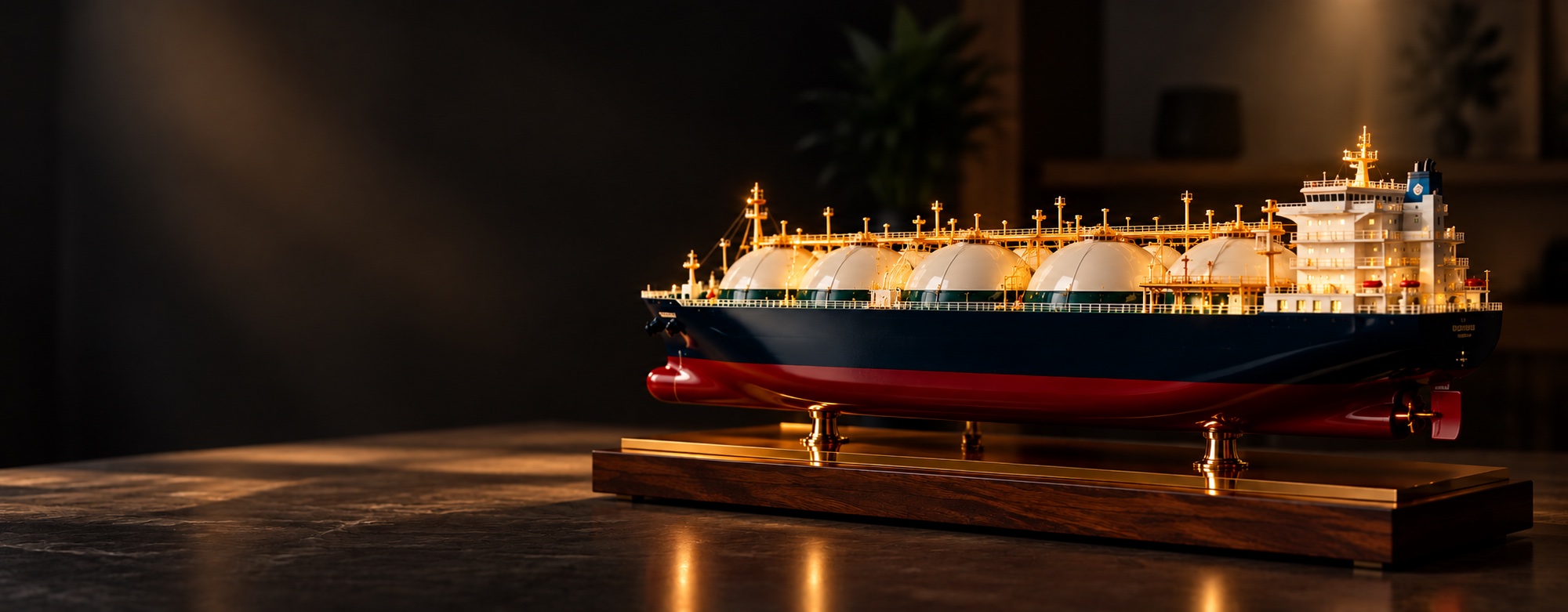 Detailed LNG carrier ship model on a wooden display base