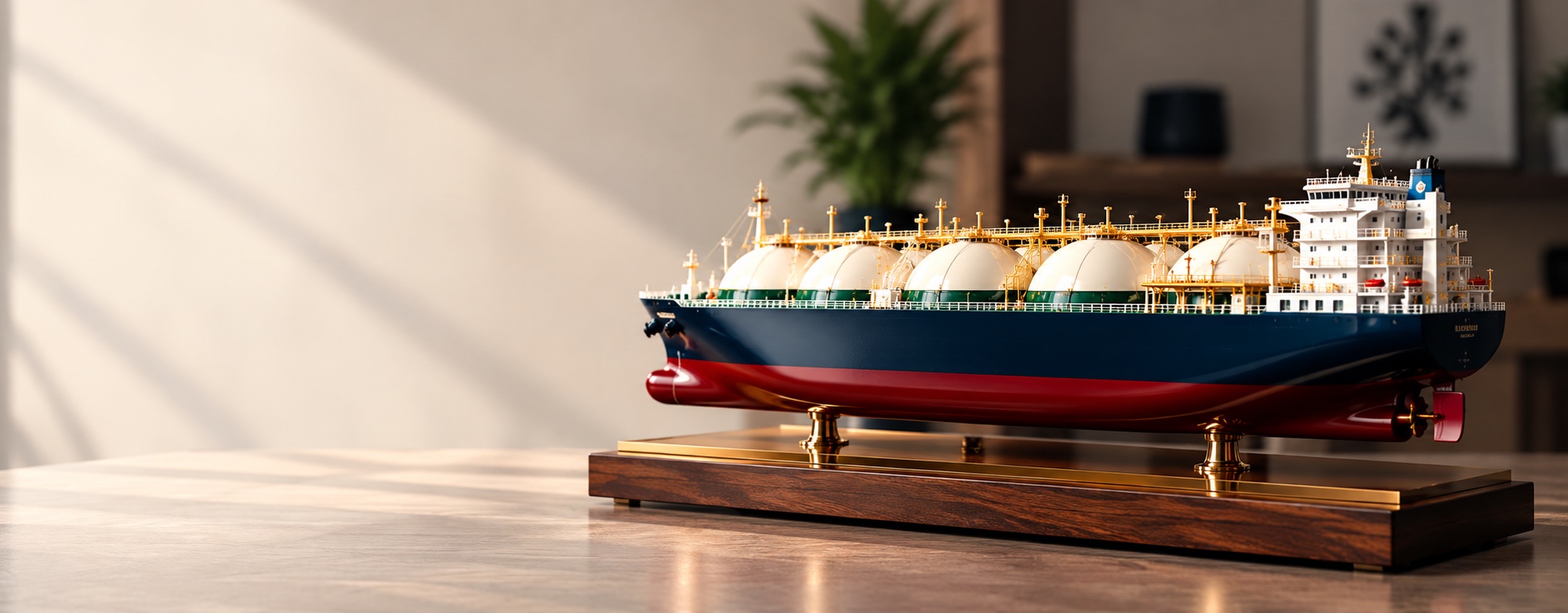 Detailed LNG carrier ship model on a wooden display base